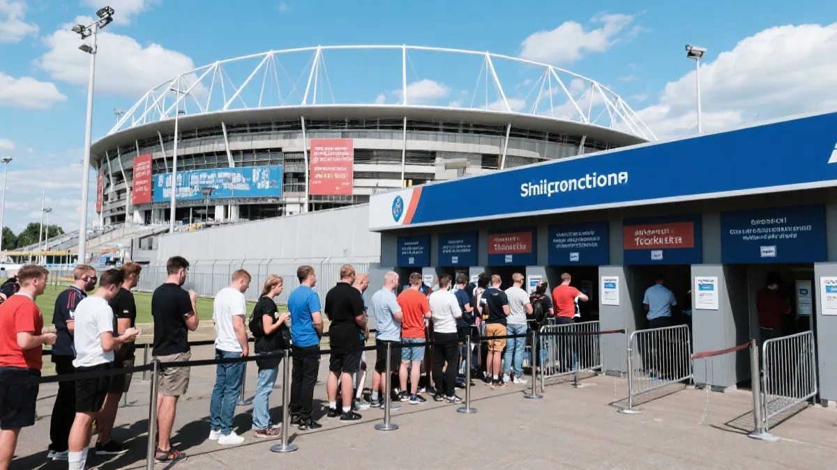 球场外排队购票的球迷与售票指示牌